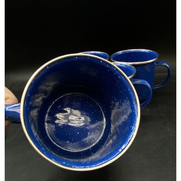 Set Of 4 Metal Enamelware Speckled Blue 3.25” Silver Rim Mug Camping 12oz G - Picture 5 of 7